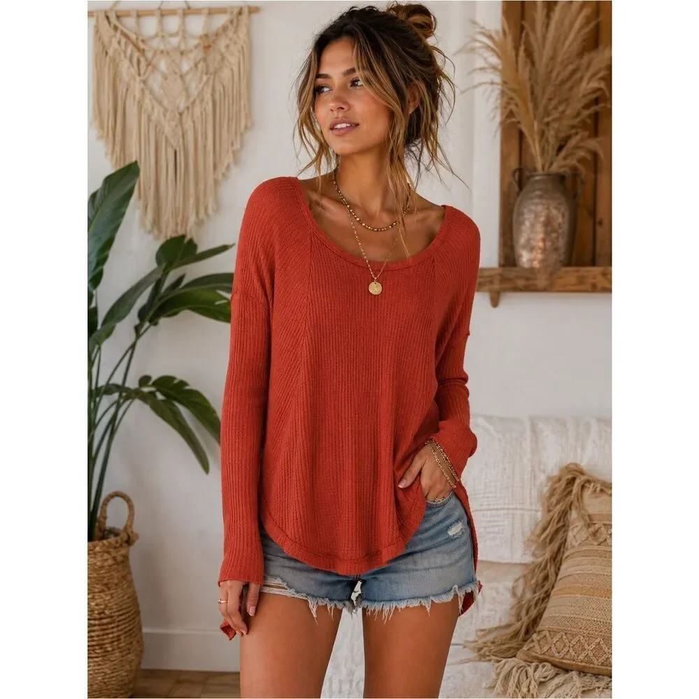 Free People Rust Red Waffle Knit Long Sleeve Top
